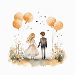 Luxury fall wedding invitation card template, Watercolor cards with groom, bride baby, flowers, balloons, leaves branches, foliage. Elegant botanical design suitable for banner, cover, invitation
