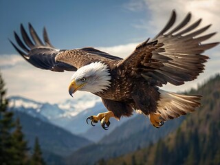 A close-up of a white-headed eagle flying over the high mountains
