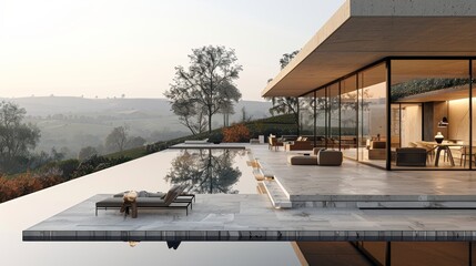 Modern house with infinity pool overlooking a serene landscape at sunset