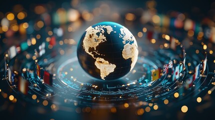 International flags encircling a globe with the ICJ logo at the center symbolizing global cooperation in justice