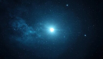 A bright star shines in the vast expanse of space, surrounded by a field of stars and nebulae.
