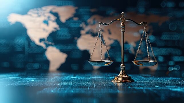 Scales of justice hovering over a map of the world representing the ICJ's global jurisdiction