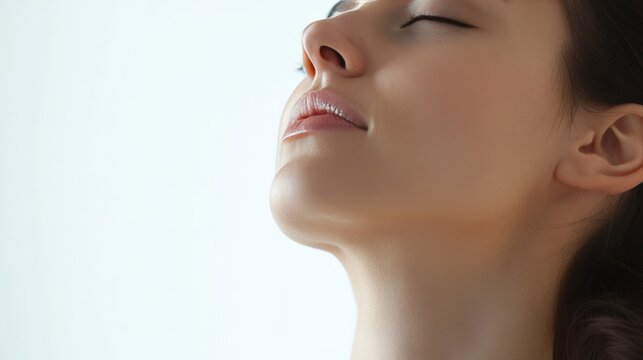 Close-up of a serene woman with eyes closed, embracing calmness and relaxation, highlighting natural beauty and peacefulness.
