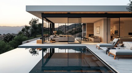 Fototapeta premium Modern hillside villa with an infinity pool at sunset in a serene landscape
