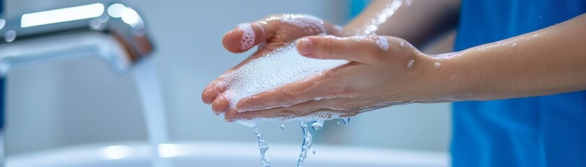 Fototapeta premium Close-up of hands being washed with soap under running water. Emphasizing hygiene and cleanliness with a modern sink in the background.