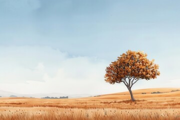 A solitary tree stands in a golden field under a clear blue sky, symbolizing serenity, solitude, and the beauty of nature.