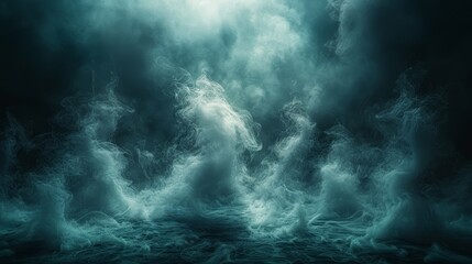 Ethereal smoke clouds swirl dramatically in a shadowy atmosphere