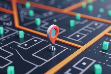 Abstract digital map with red location pin highlighting specific spot among roads and buildings.