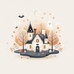 Obraz premium A whimsical haunted house illustration featuring autumn leaves, bats, and ghosts, set in a spooky yet charming Halloween-themed landscape.