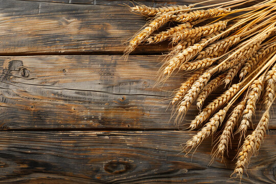 Golden Wheat on Rustic Wooden Surface &ndash; Perfect for Harvest-Themed Designs, Agricultural Decor, and Organic Farming Concepts Copyspace