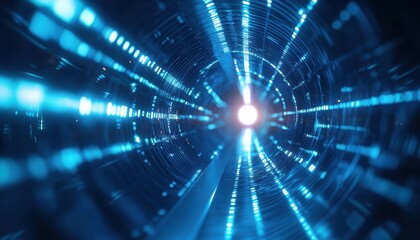 Abstract blue light tunnel with glowing lines and bokeh.