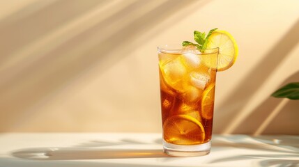 Long Island ice tea cocktail drink with vodka, rum, tequila, gin, liquor, lemon juice, cola and ice with lemon slice and mint in highball glass. Beige background, hard light, minimalism