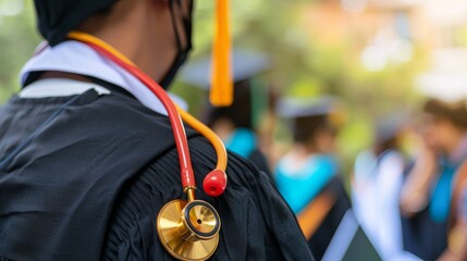 Medical education, graduation cap and doctor's stethoscope, graduate with diploma celebrating academic achievement, university ceremony with health professionals