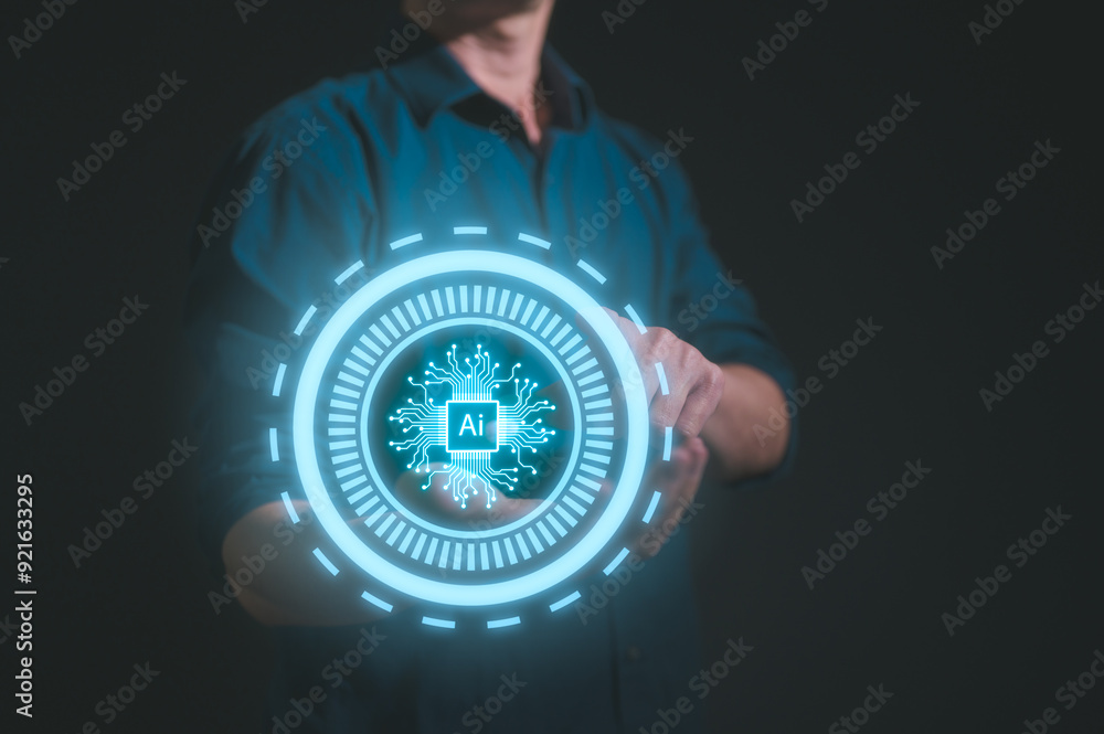 Poster artificial intelligence ai technology and digital transformation concept, businessman holding virtua
