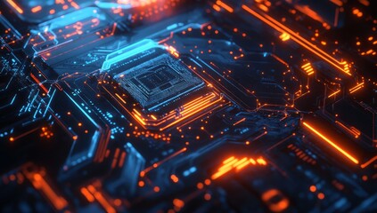 Obraz premium High-tech futuristic background with glowing digital elements and holographic textures, creating an immersive sci-fi atmosphere for technology-themed designs.