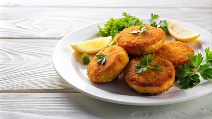 Fototapeta premium Fish patties on a white plate , seafood, cooked, crispy, delicious, gourmet, appetizer, meal, dish, cuisine, horizontal, square