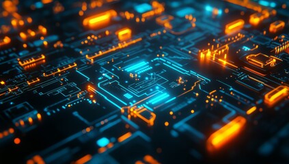 Obraz premium High-tech futuristic background with glowing digital elements and holographic textures, creating an immersive sci-fi atmosphere for technology-themed designs.