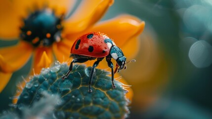 Ladybug on a Dew-Covered Leaf