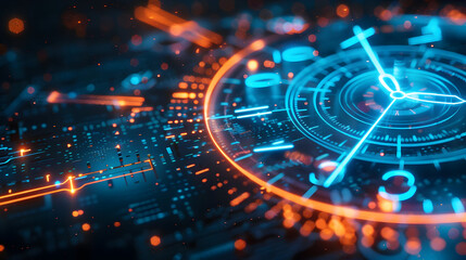 Futuristic Clock with Blue and Orange Lights 3D Illustration