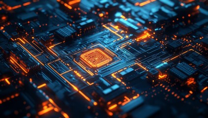 Obraz premium High-tech futuristic background with glowing digital elements and holographic textures, creating an immersive sci-fi atmosphere for technology-themed designs.