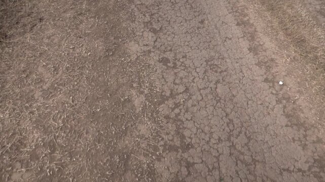 High-angle, handheld slow-motion close view of a a dirt road.