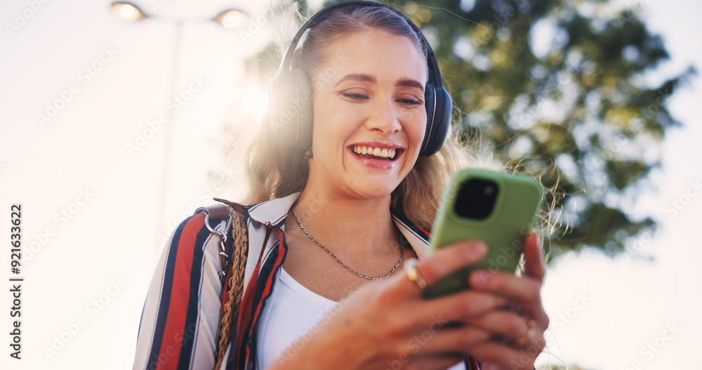 Sticker girl, phone and headphones outdoor for music, communication and social media with smile and streamin