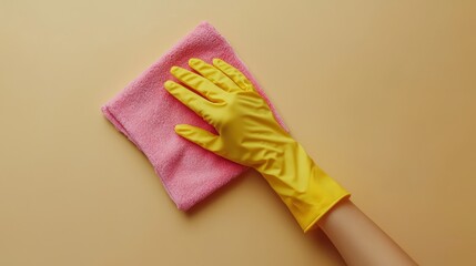 Cleaning glove holding a pink cloth against a beige background