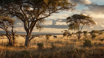 African Savannah Sunset Landscape with Elephants