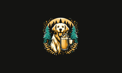 golden retriever holding drink on forest vector illustration artwork design