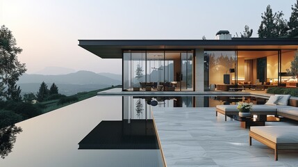 Fototapeta premium Modern hillside villa with infinity pool at sunset, featuring sleek architecture and panoramic mountain views