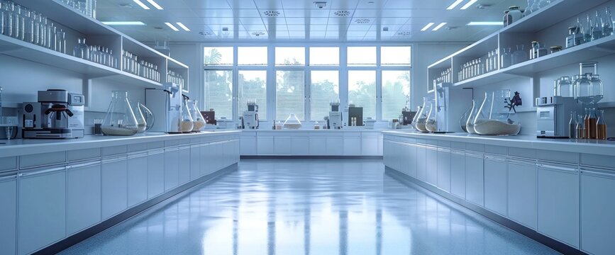 Modern laboratory setting with clear copy space, white background, natural lighting