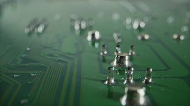close up of electronic circuit traces, dolly out shot