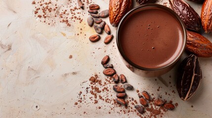 Natural craft cocoa drink, organic healthy chocolate drink with brown cocoa beans and dry cacao pod.Top view,above