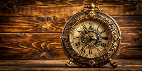Antique brass chronometer clock with intricate engravings and Roman numerals on a vintage wooden background, evoking a sense of timeless elegance and precision.