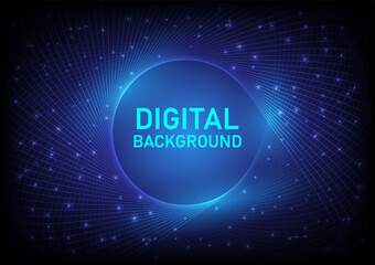 Abstract Digital Technology Background The moving lines swirl freely. bright light point The circular space in the center places the text and bright light. blue gradient background