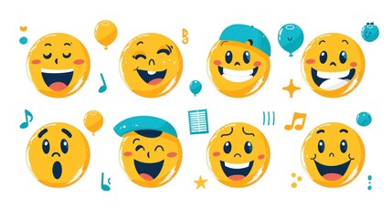 Obraz premium Happy Emojis with Balloons and Music