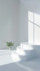 Delicate morning light casts shadows on spiral steps beside a small potted plant in a serene, minimalist space