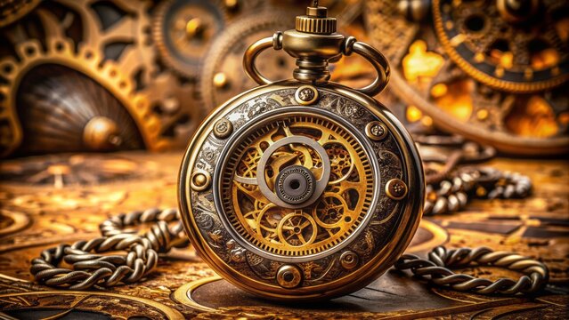 An old-fashioned pocket watch with intricate engravings on its cover, surrounded by gears and mechanical parts, symbolizing the precise measurement of time.