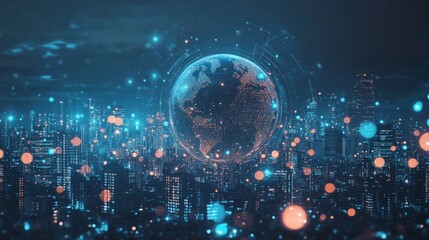 Fototapeta premium Abstract digital technology background with a glowing global network and connections, an earth globe on a cityscape at night sky.