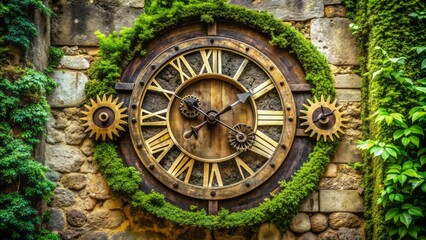 Obraz premium Analog clock face with intricately designed gears and Roman numerals on a worn stone wall, surrounded by lush greenery, symbolizing the passage of time.