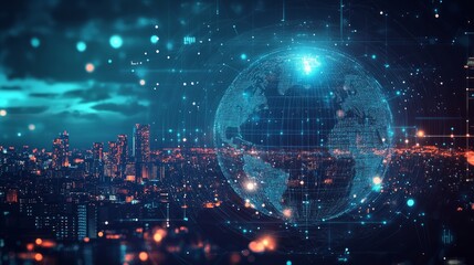Obraz premium Abstract digital technology background with a glowing global network and connections, an earth globe on a cityscape at night sky.