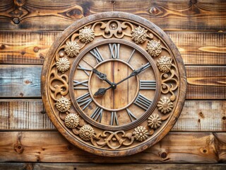 Obraz premium Rustic wooden clock with Roman numerals and intricate carvings on a distressed wooden wall, evoking a sense of vintage charm and nostalgia.