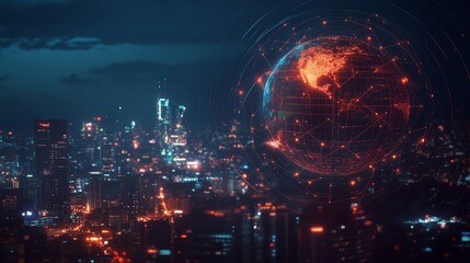 Fototapeta premium Abstract digital technology background with a glowing global network and connections, an earth globe on a cityscape at night sky.