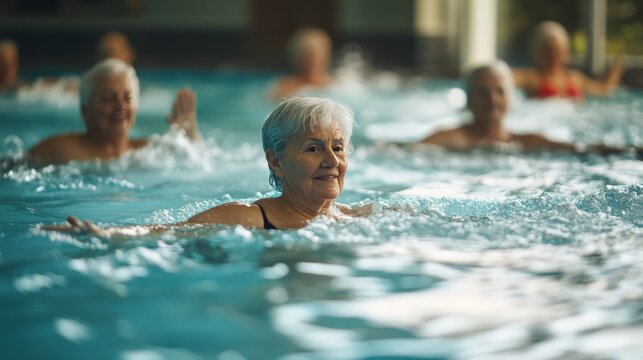 Group of senior women in a water exercise class, enjoying physical activity and camaraderie in a swimming pool.