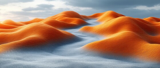Stunning Abstract Landscape of Vibrant Orange and Blue Sand Dunes Under a Cloudy Sky at Sunset