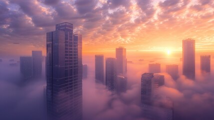 Fototapeta premium Cityscape Emerging from the Clouds at Sunset
