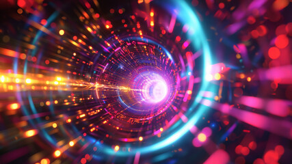 Obraz premium A mesmerizing tunnel of vibrant lights and digital patterns, highlighting the beauty of futuristic technology and abstract design.