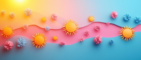 Vibrant Abstract Background with Sun and Flower Elements in Pink and Blue Gradient