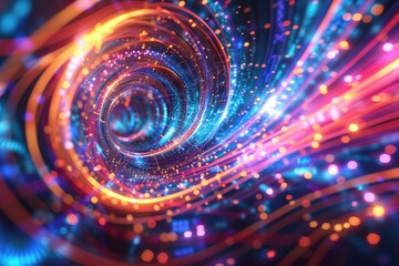 Obraz premium A mesmerizing tunnel of vibrant lights and digital patterns, highlighting the beauty of futuristic technology and abstract design.