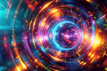 Fototapeta premium A mesmerizing tunnel of vibrant lights and digital patterns, highlighting the beauty of futuristic technology and abstract design.